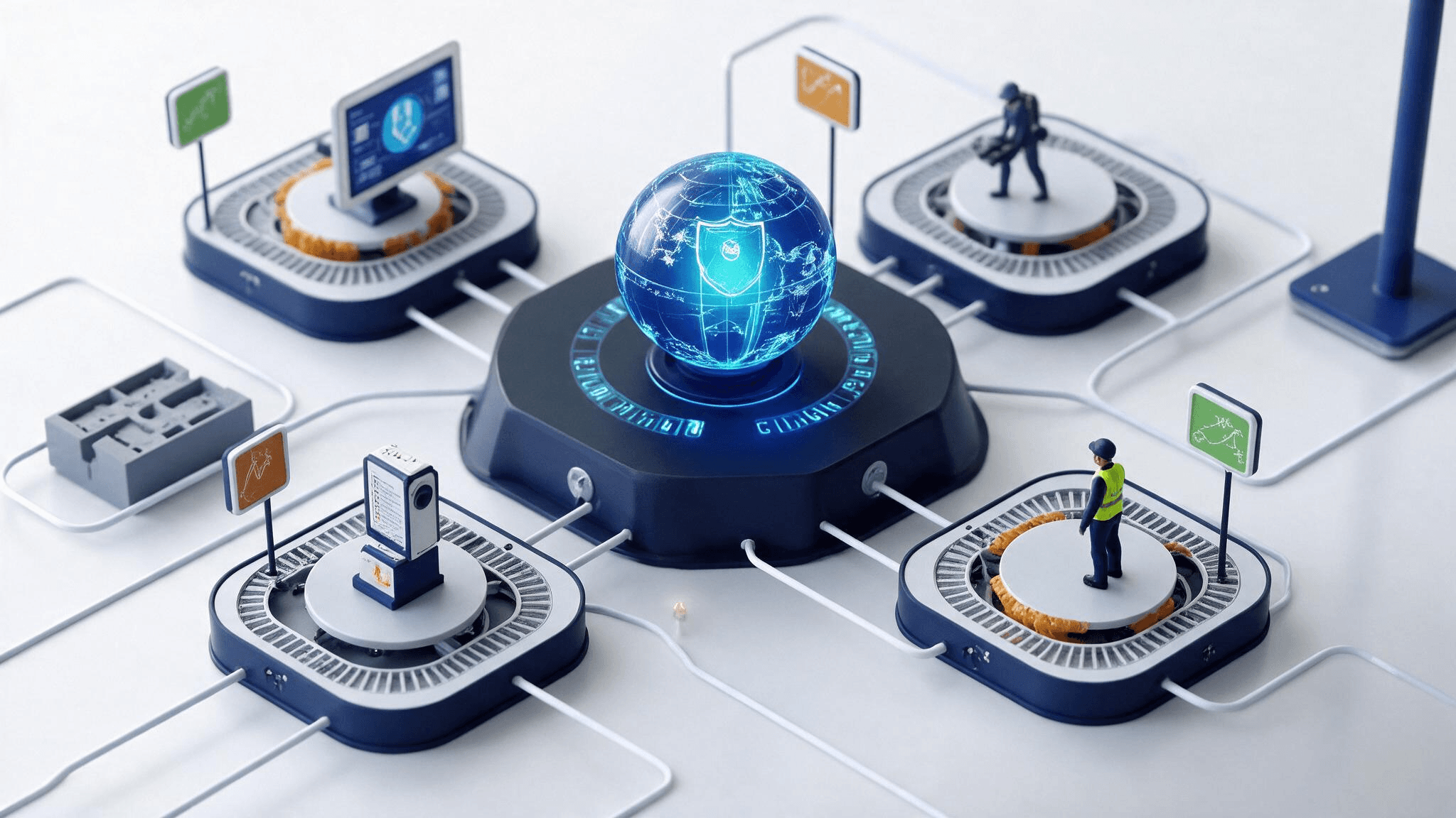 A 3D illustration linking site workers, control screens, and detection gear to a holographic globe marked with a safety shield
