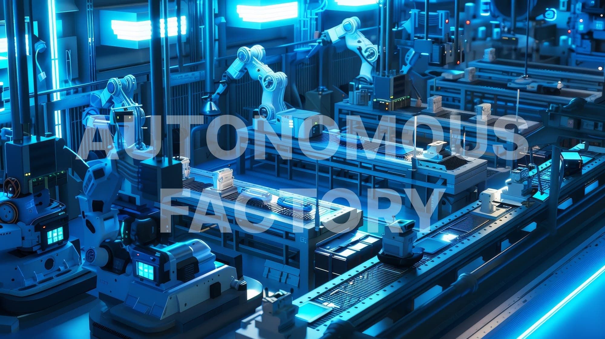 "AUTONOMOUS FACTORY" 글자가 들어간, 로봇 팔이 늘어선 자동화 생산 라인 일러스트
