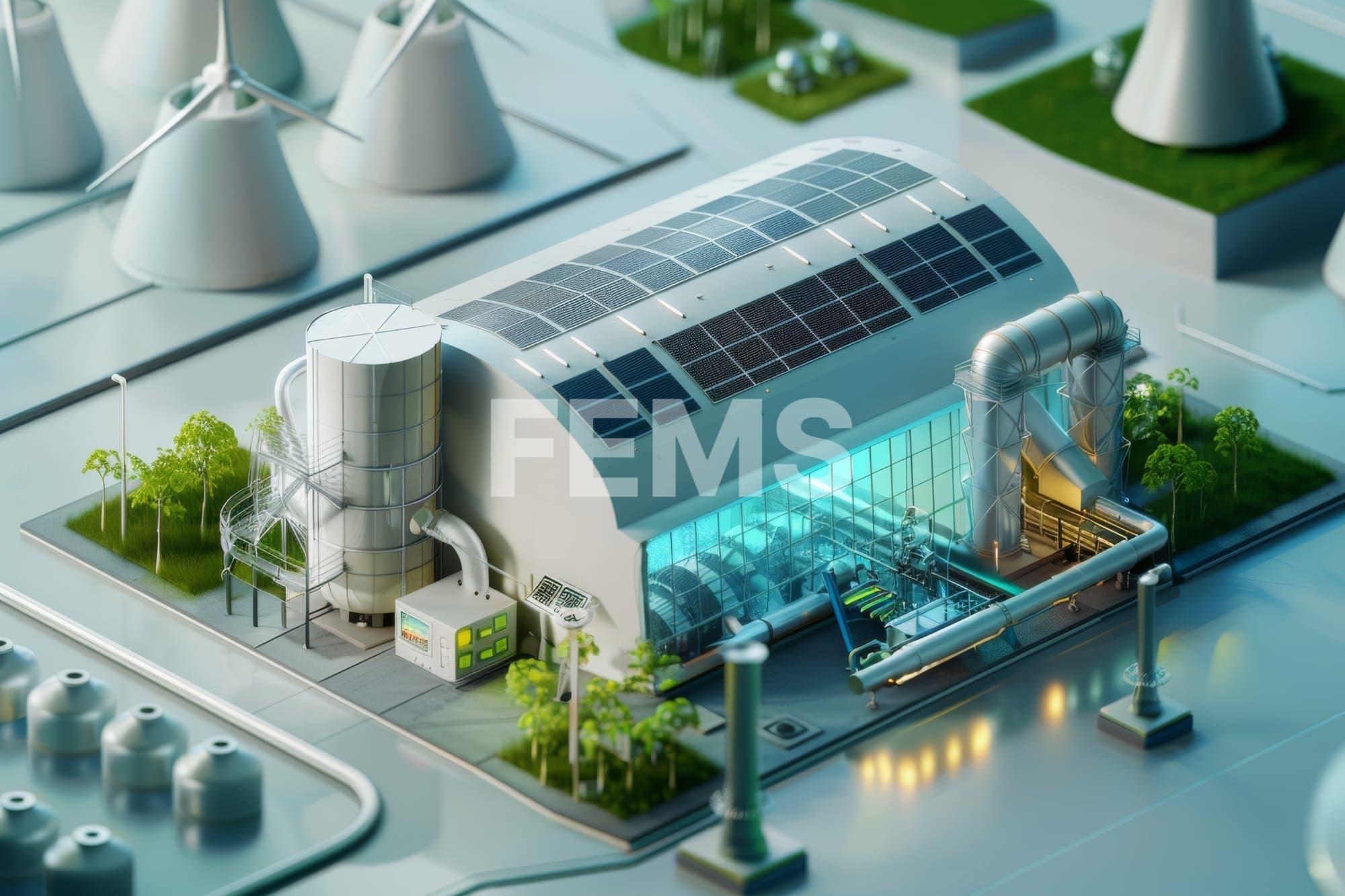 "FEMS" 글자가 들어간, 태양광 패널과 풍력 발전기를 갖춘 친환경 공장 일러스트
