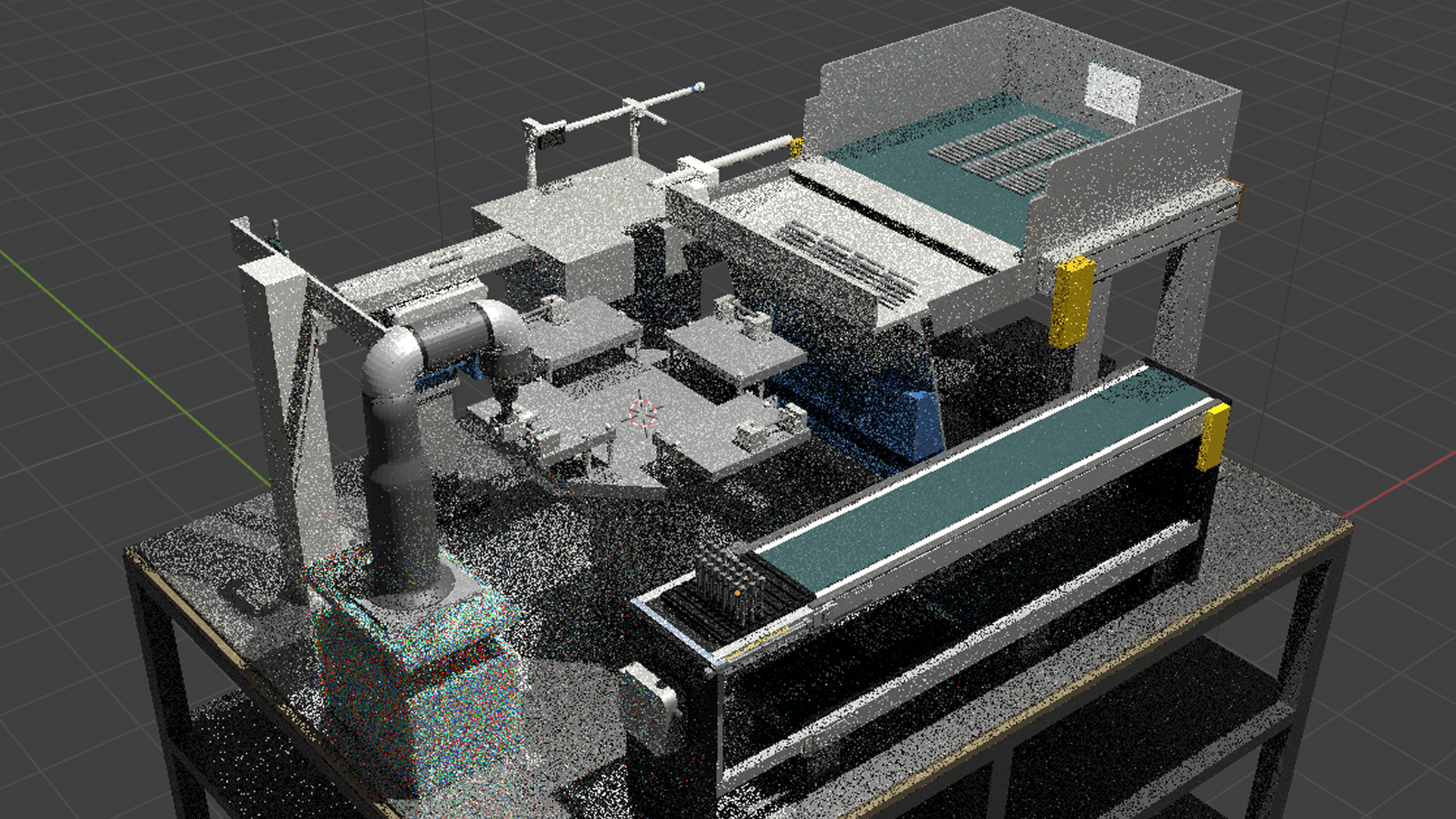 A wireframe model of a machine beside its point-cloud scan in a 3D viewport