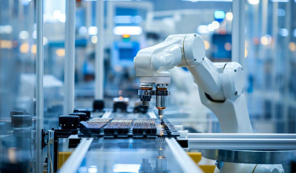 An industrial robot arm working on an electronics assembly line