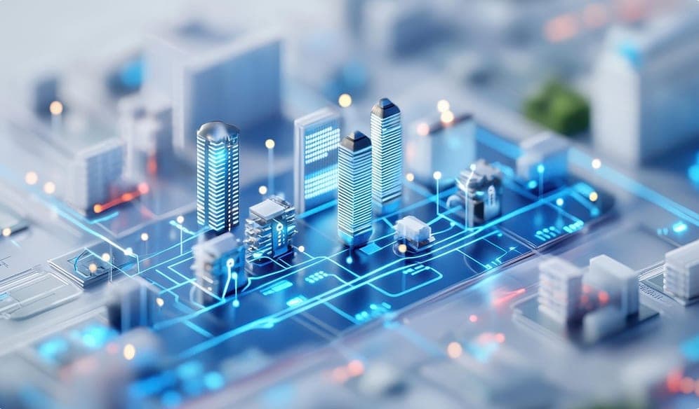 An aerial view of a smart city linked by data networks