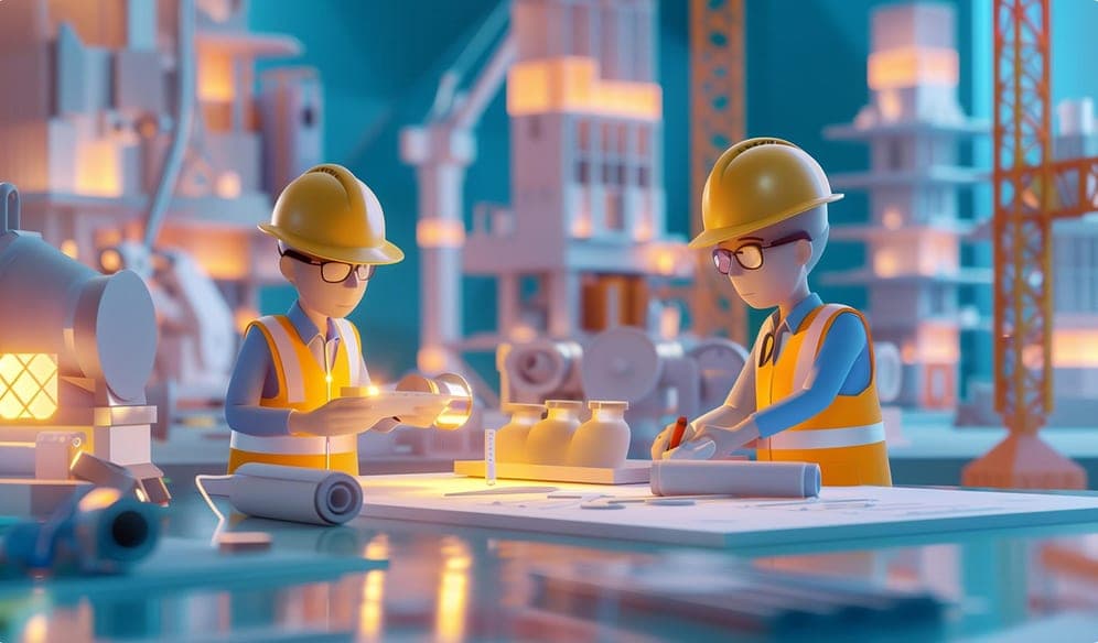 Workers in hard hats and safety vests checking site drawings