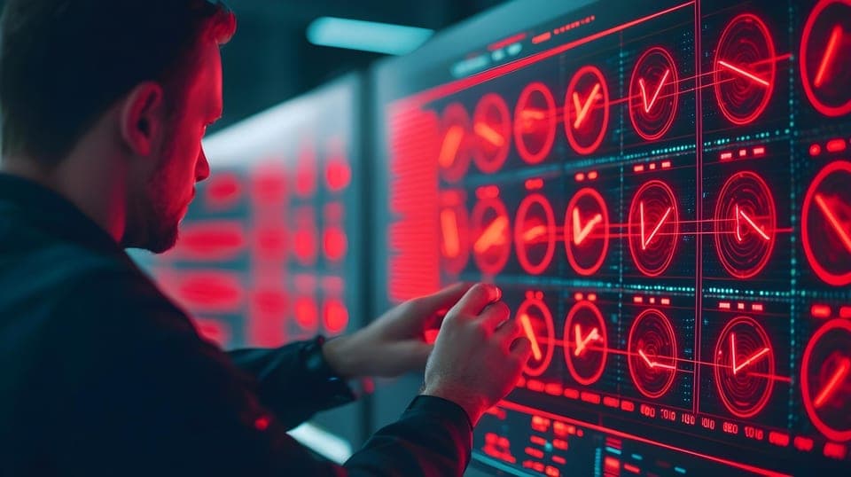 An operator reaching into a wall of instrument panels lit red with alarms