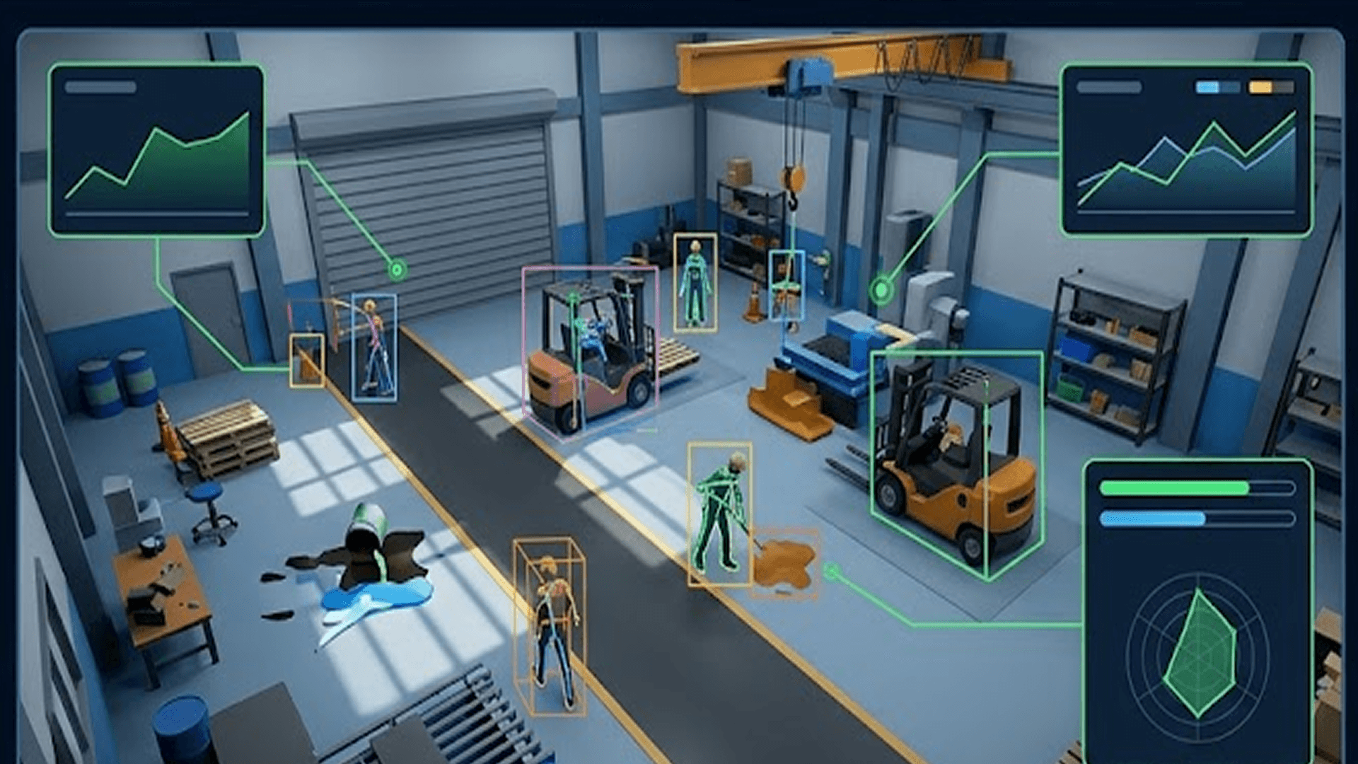 AI monitoring screen tracking workers and forklifts in warehouse footage with bounding boxes and movement paths