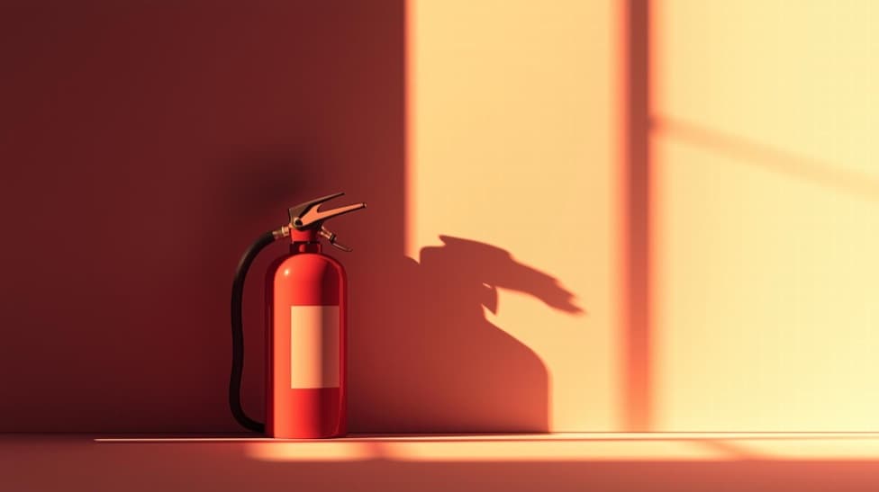 Fire extinguisher standing against a wall
