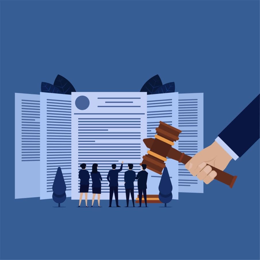 Illustration of people standing before a law book and a gavel