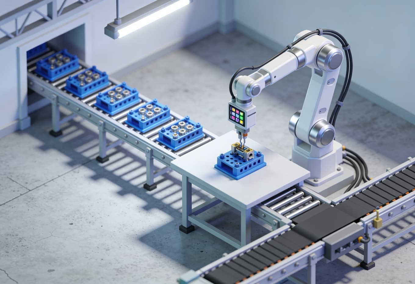 Robot arm running an assembly process on a production line