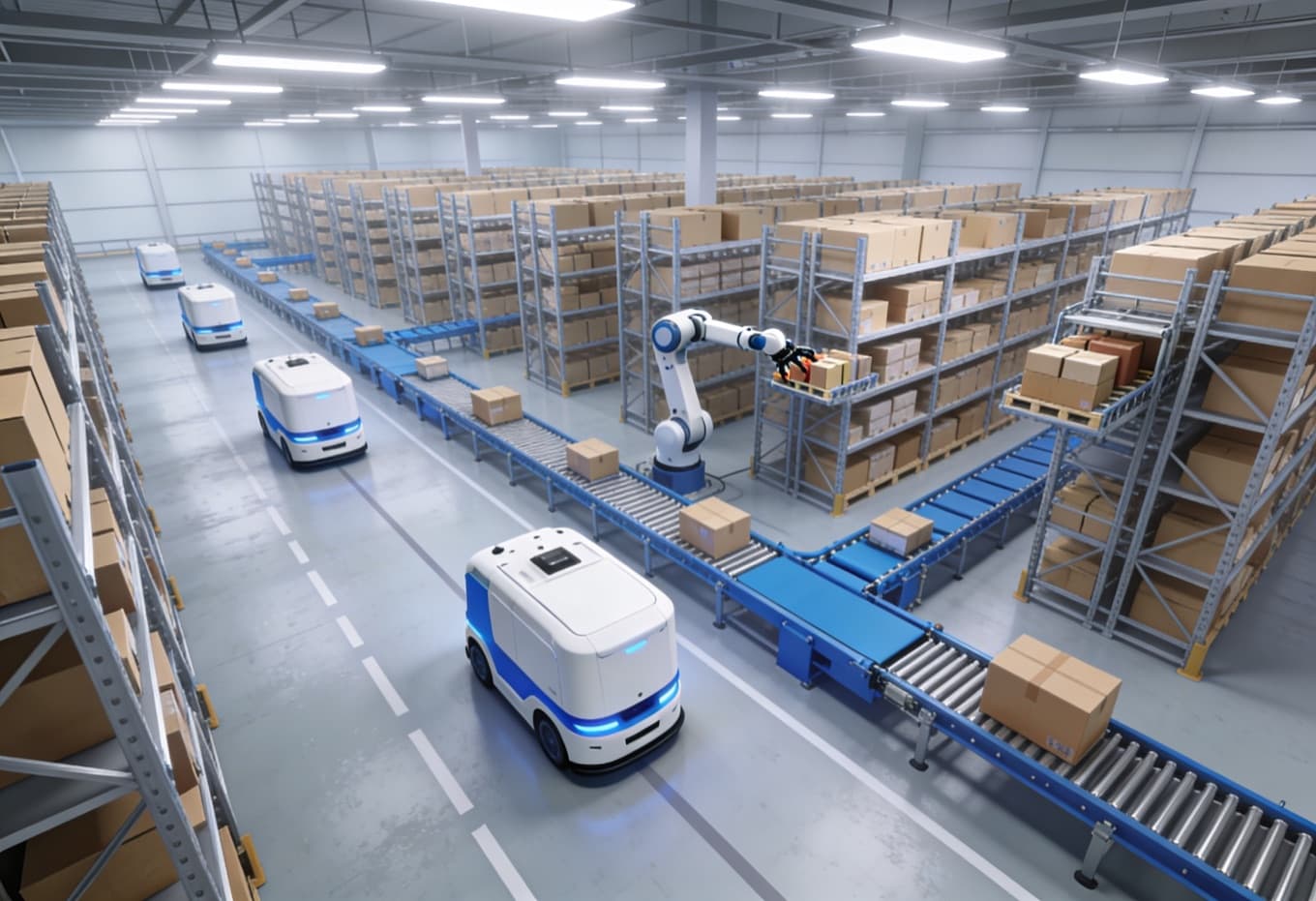 Autonomous robot moving materials through a logistics warehouse